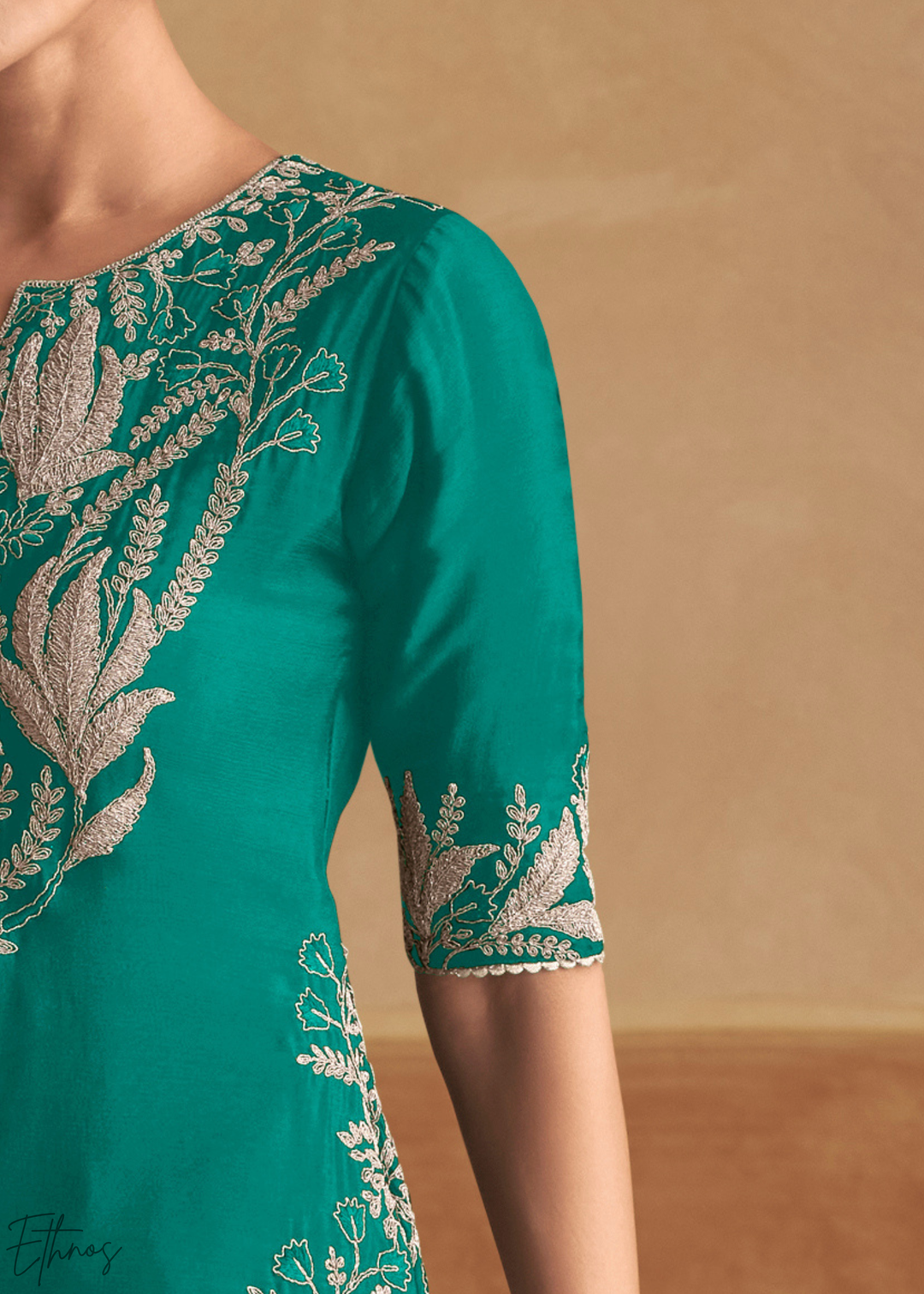 Teal Turquoise Baroque-Embroidered Chinon Sharara Suit