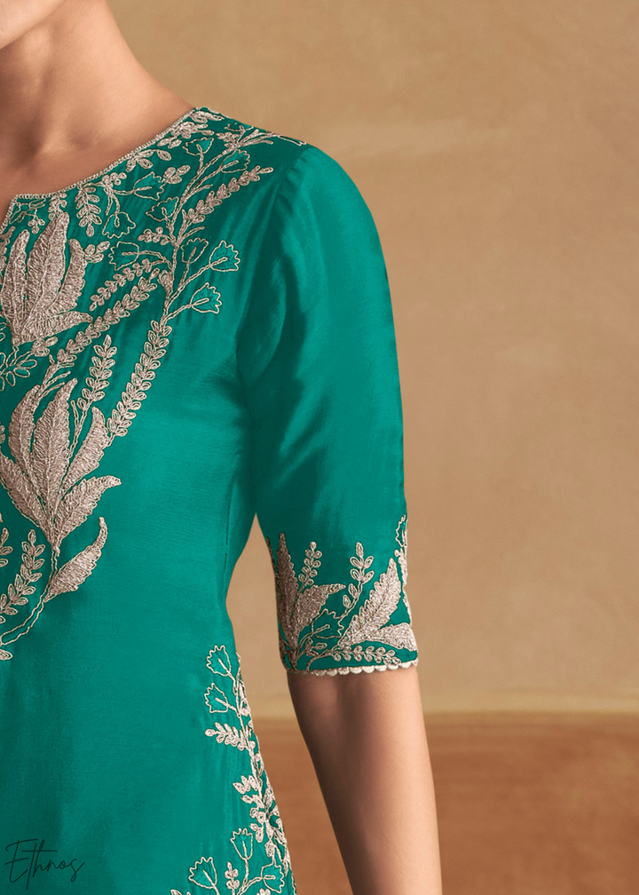 Teal Turquoise Baroque-Embroidered Chinon Sharara Suit