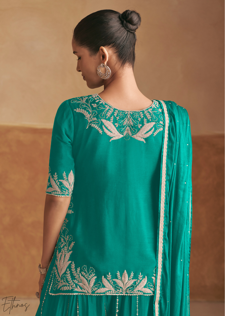 Teal Turquoise Baroque-Embroidered Chinon Sharara Suit