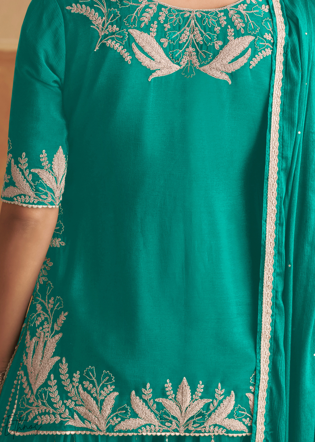 Teal Turquoise Baroque-Embroidered Chinon Sharara Suit