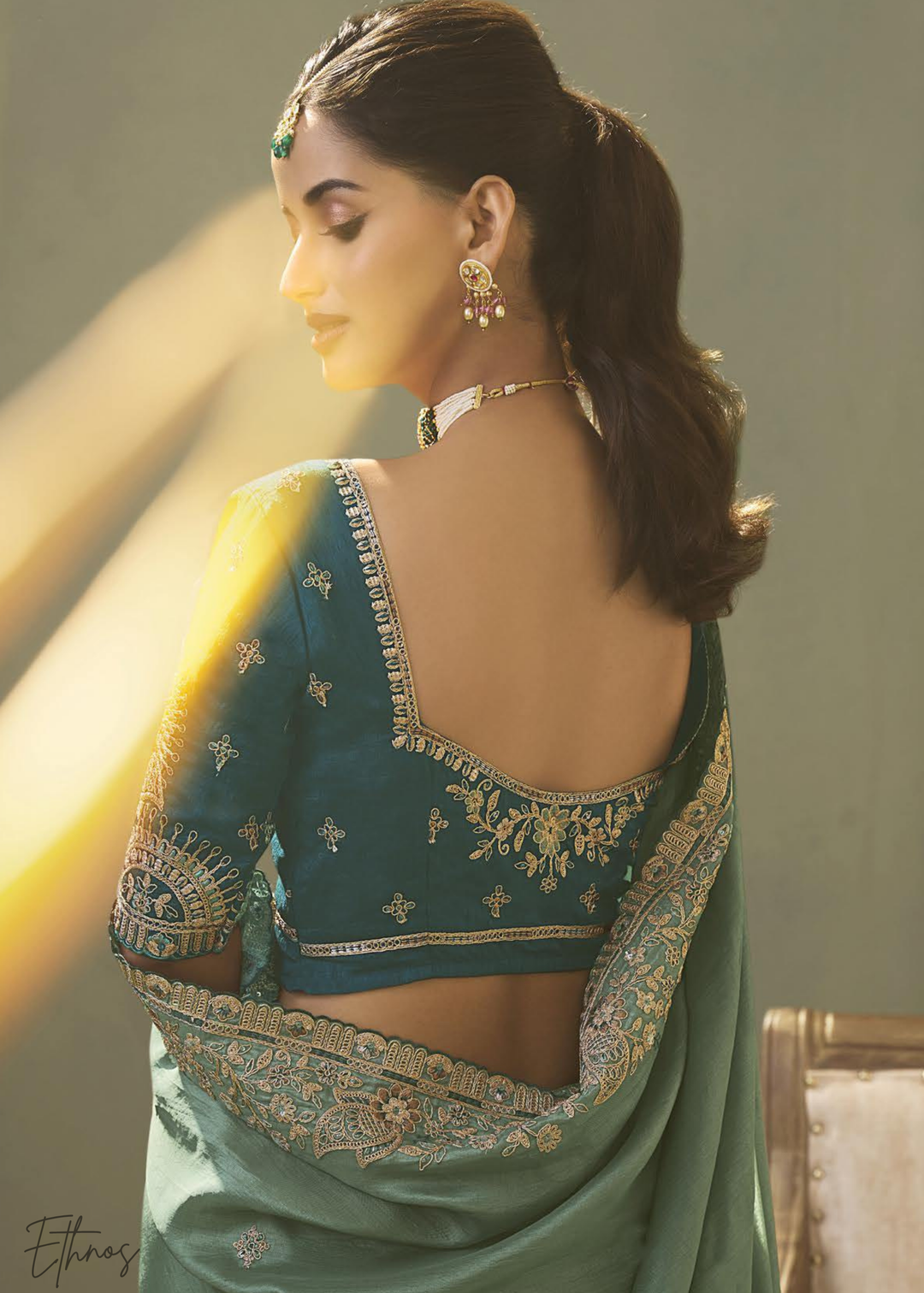 Teel Green Woven Scallop Border Upada Silk Saree