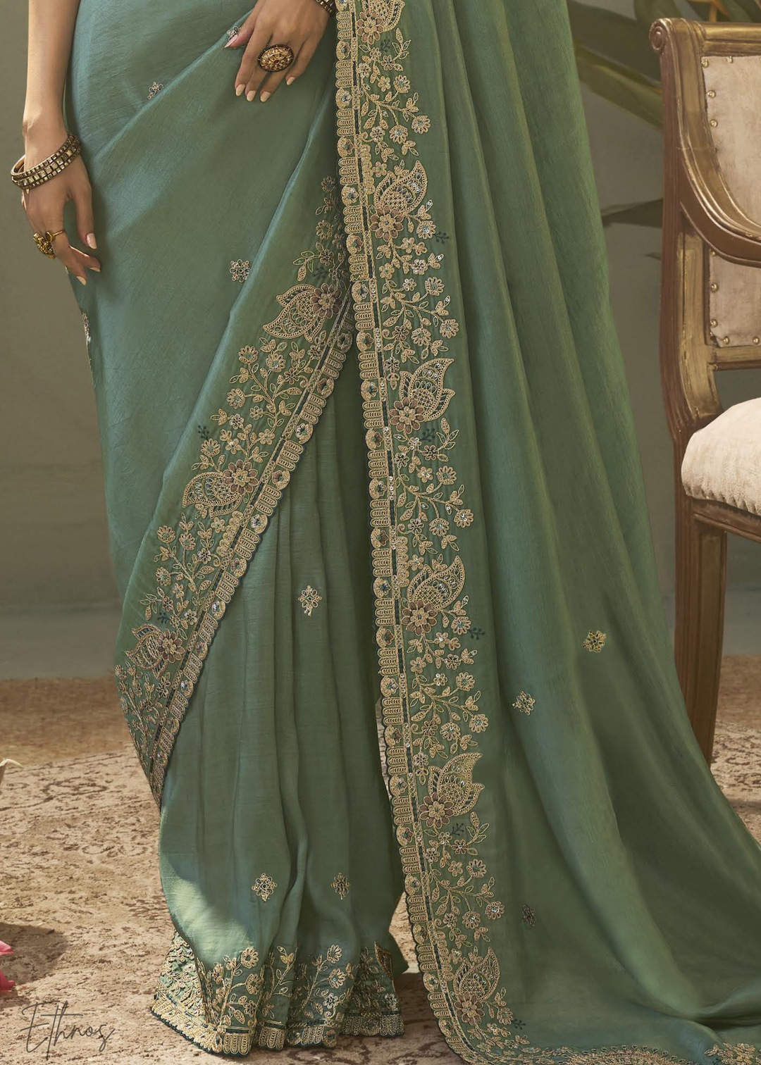 Teel Green Woven Scallop Border Upada Silk Saree