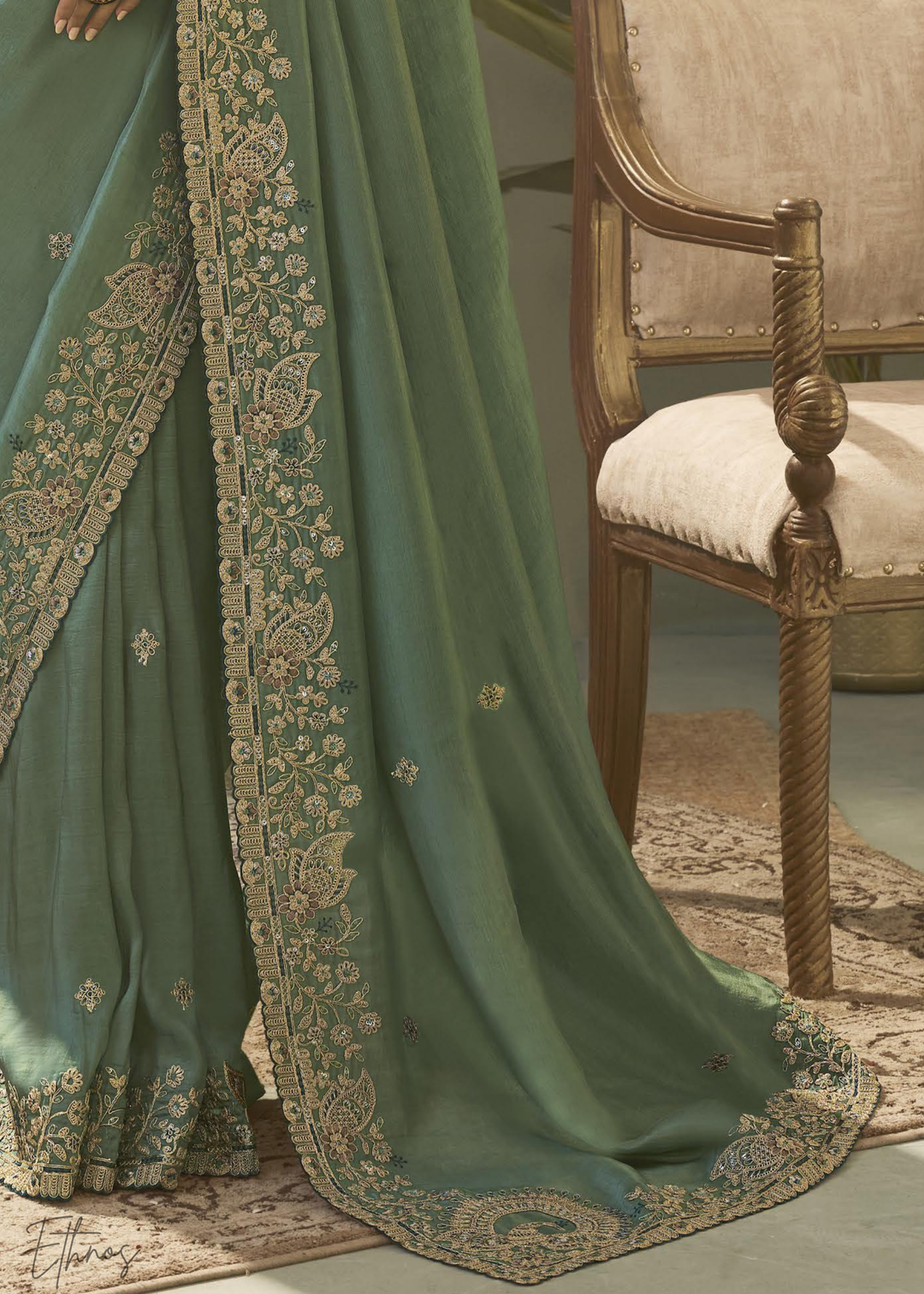 Teel Green Woven Scallop Border Upada Silk Saree