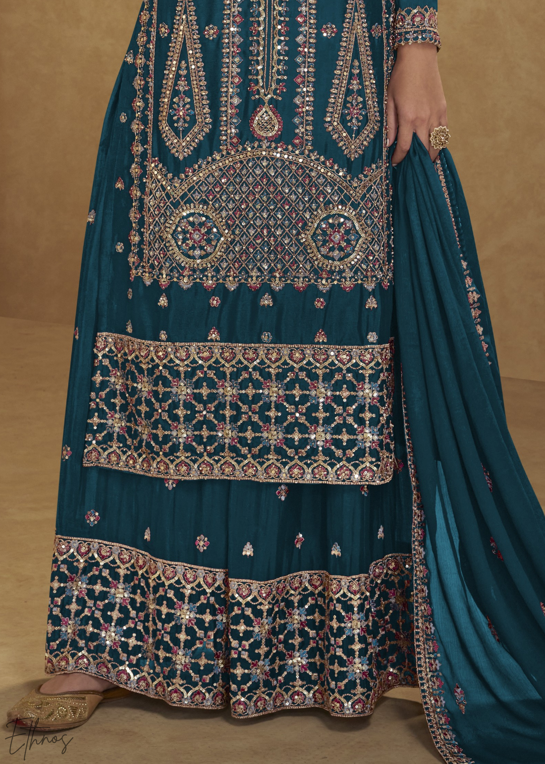 Teal Blue Zari-Encrusted Chinon Palazzo Suit