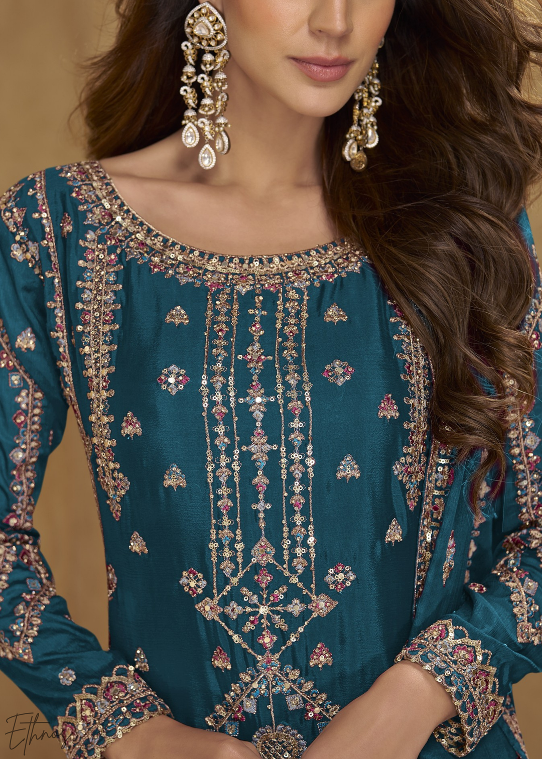Teal Blue Zari-Encrusted Chinon Palazzo Suit