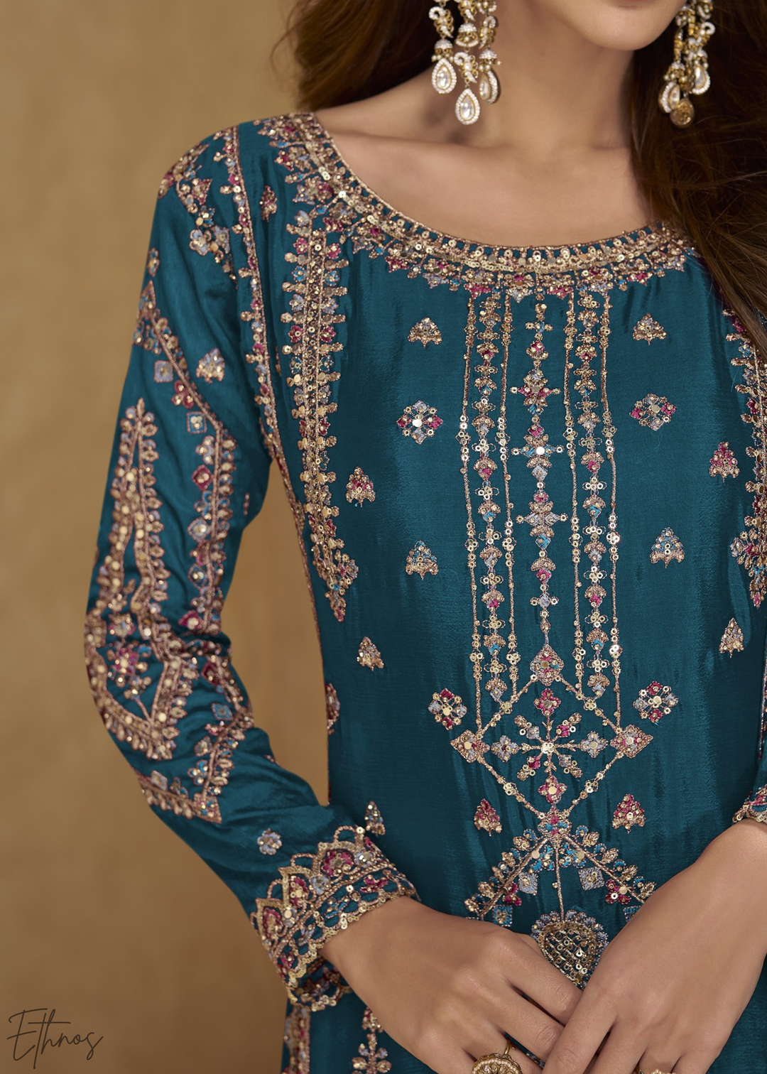 Teal Blue Zari-Encrusted Chinon Palazzo Suit