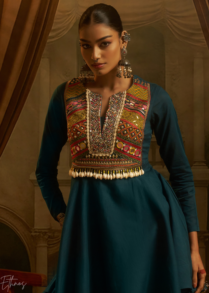 Teal Blue Colorful Geometric Embroidered Mul Cotton Sharara Suit
