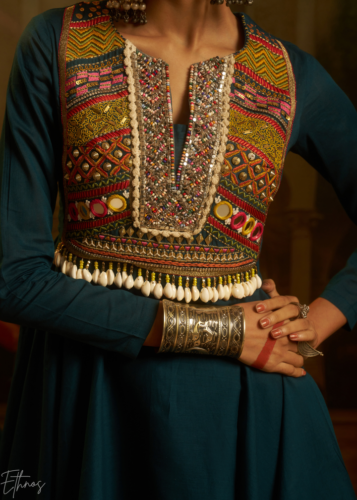 Teal Blue Colorful Geometric Embroidered Mul Cotton Sharara Suit