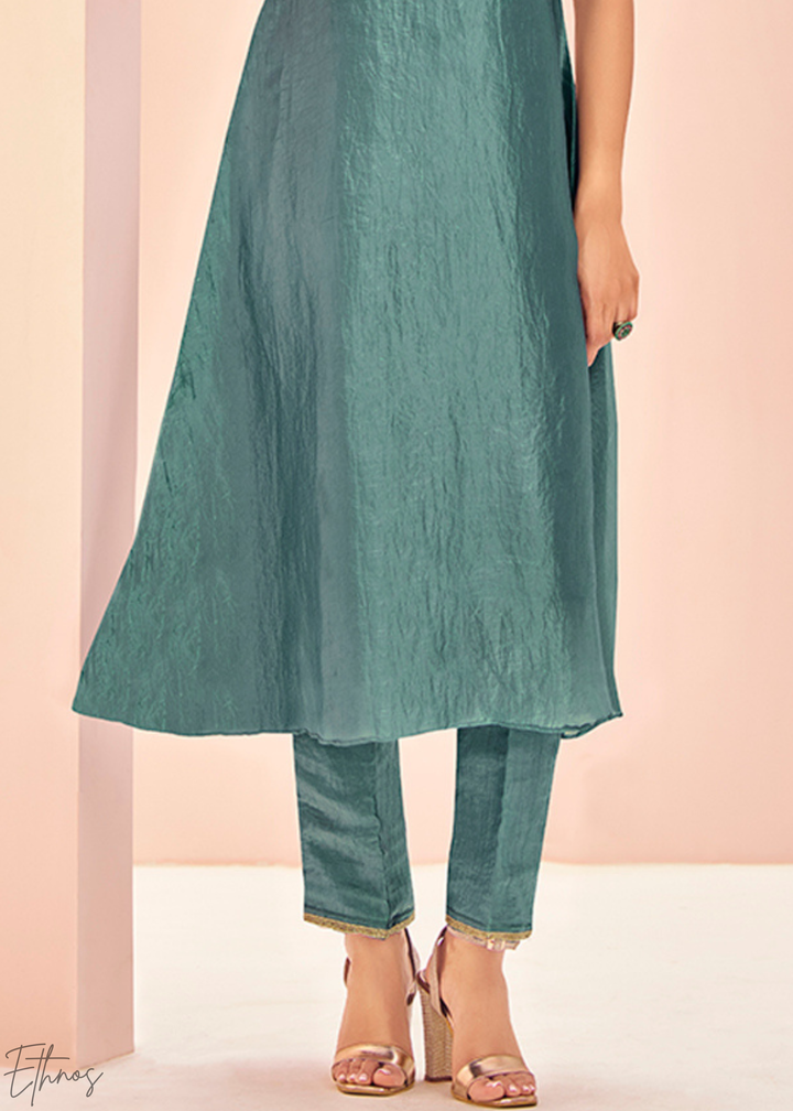 Aqua Blue Embroidered Organza Frock Kurti Palazzo Set