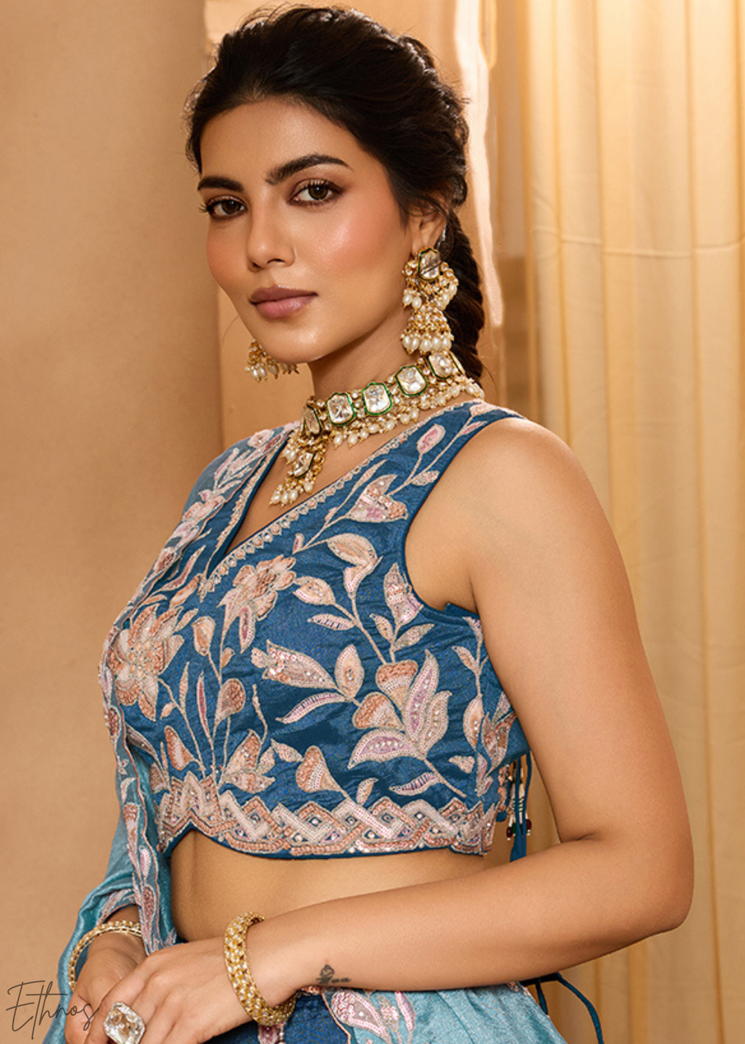 Teal Blue Floral Gota Embroidered Silk Lehenga Choli