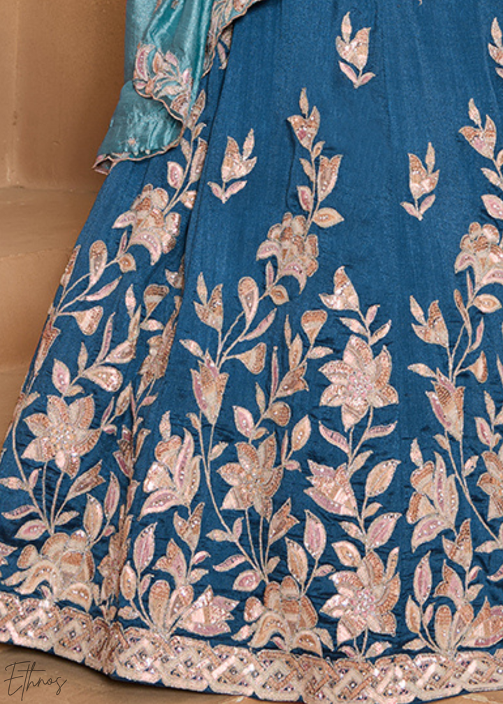 Teal Blue Floral Gota Embroidered Silk Lehenga Choli