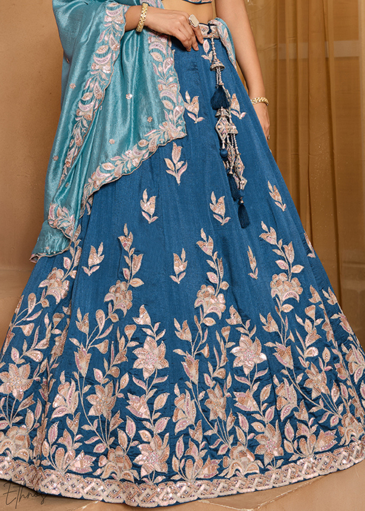 Teal Blue Floral Gota Embroidered Silk Lehenga Choli