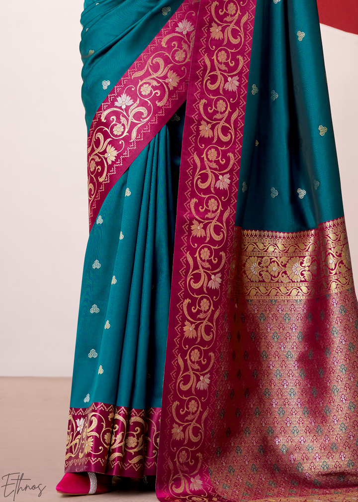 Teal Blue Paisley Border Satin Border Soft Silk Saree
