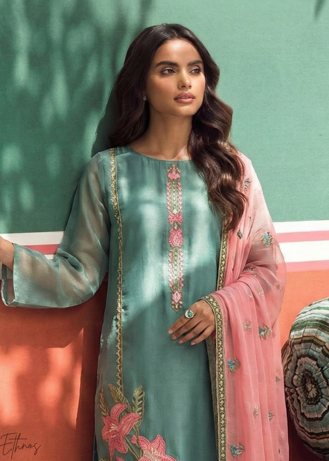 Teal Blue Zari-Santoon Palazzo Suit