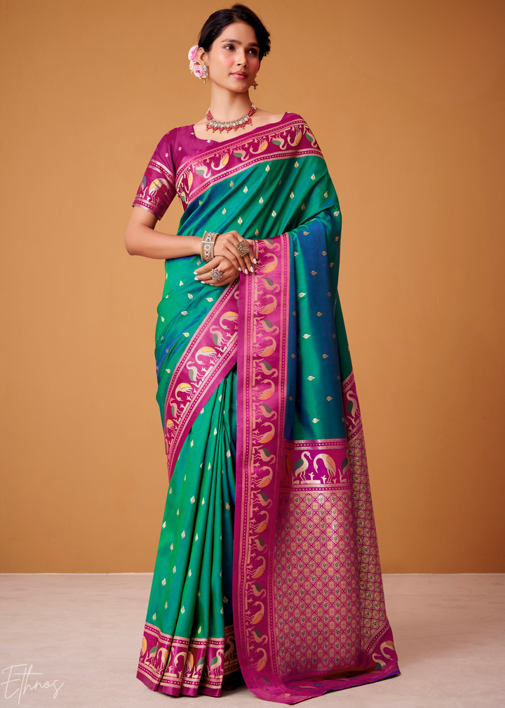 Teal Green Flamingo Satin Silk Saree
