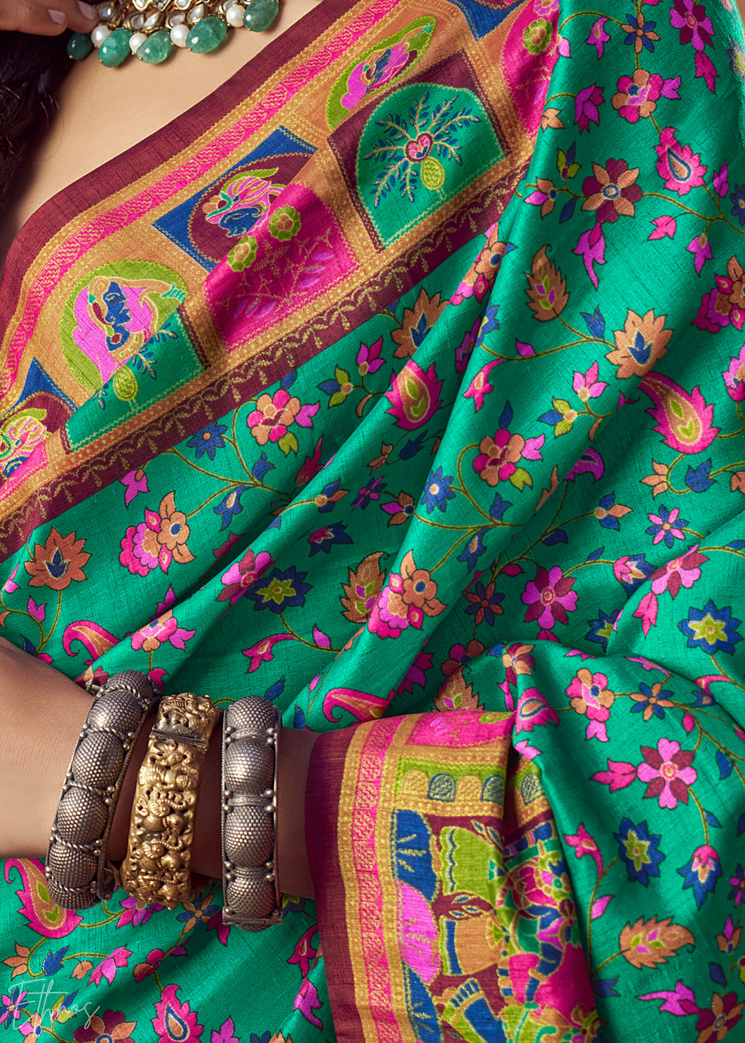 Teal Green Floral Silk Saree