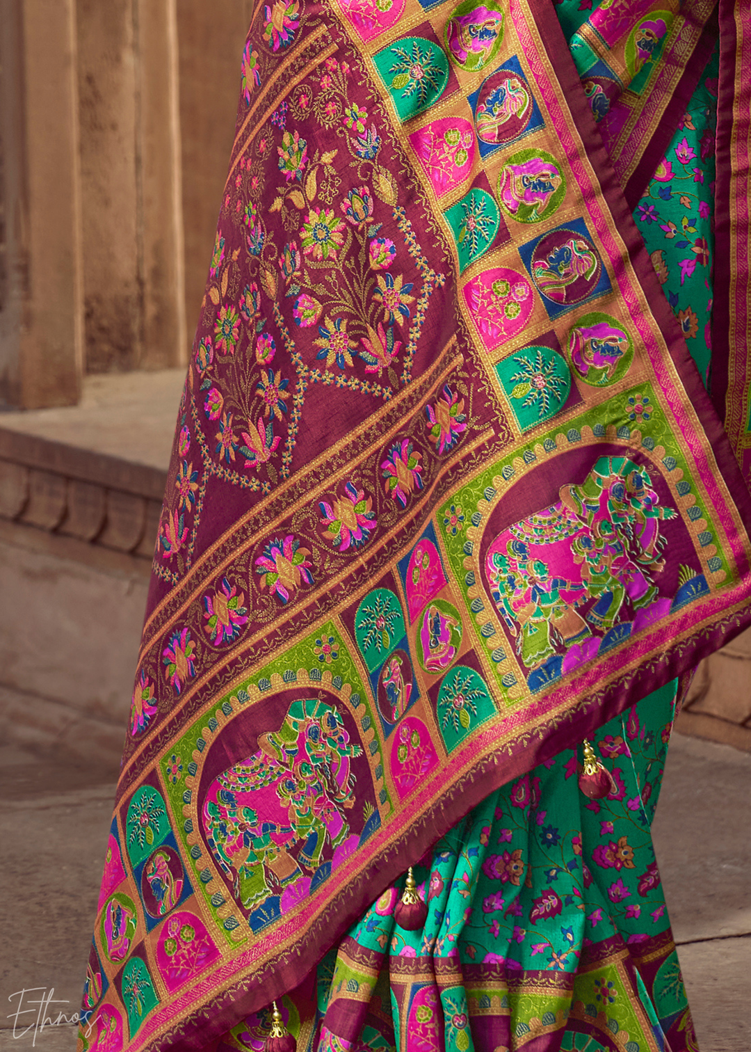 Teal Green Floral Silk Saree