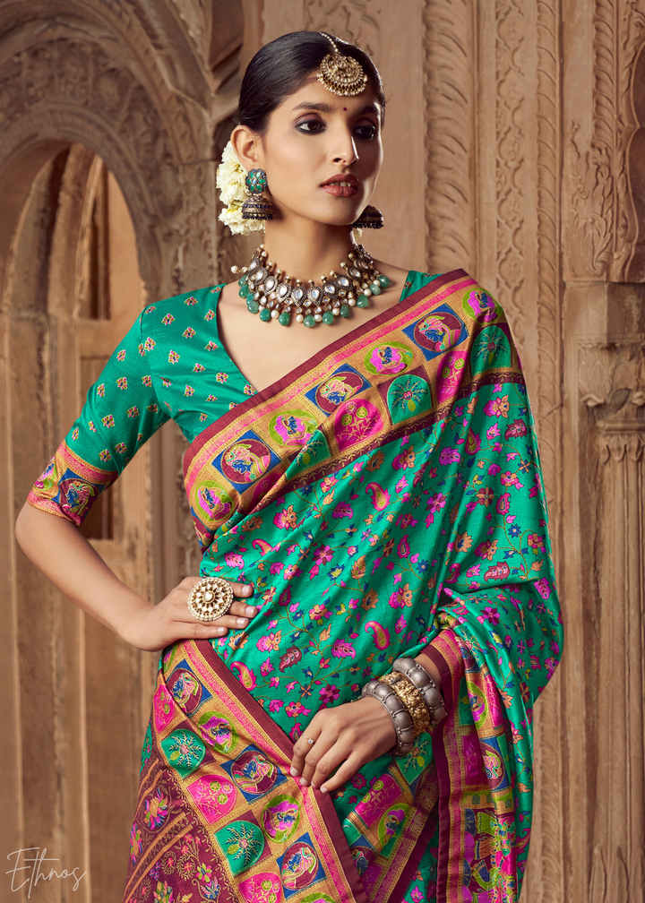 Teal Green Floral Silk Saree