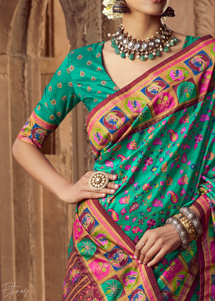 Teal Green Floral Silk Saree