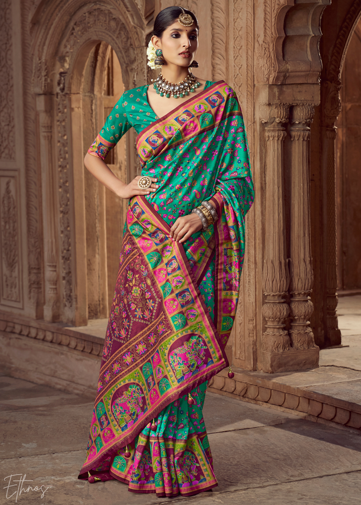 Teal Green Floral Silk Saree
