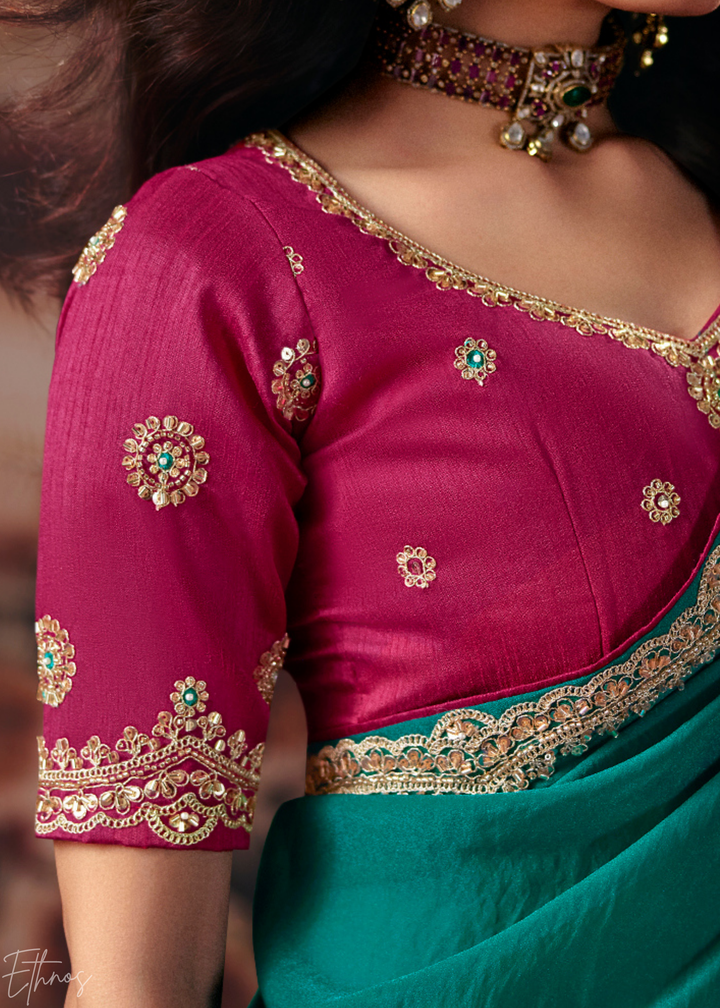 Teal Green Scattered Motif Bember Silk Saree