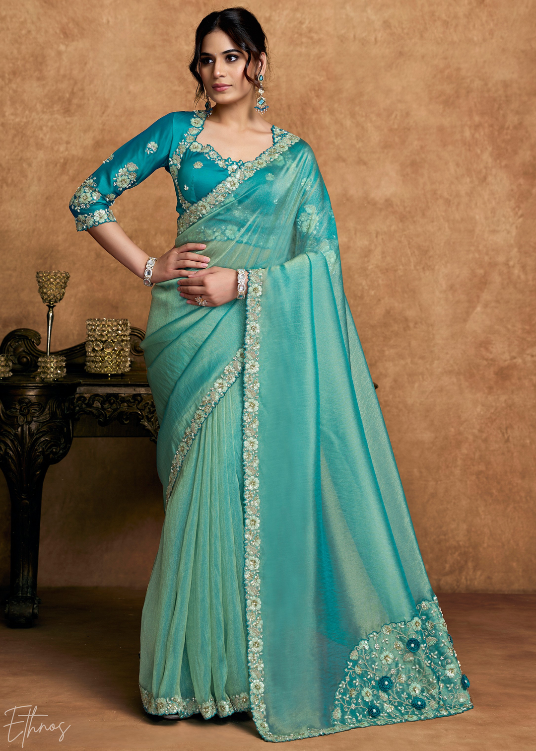 Teal Green Sequin Embroidered Organza Satin Saree
