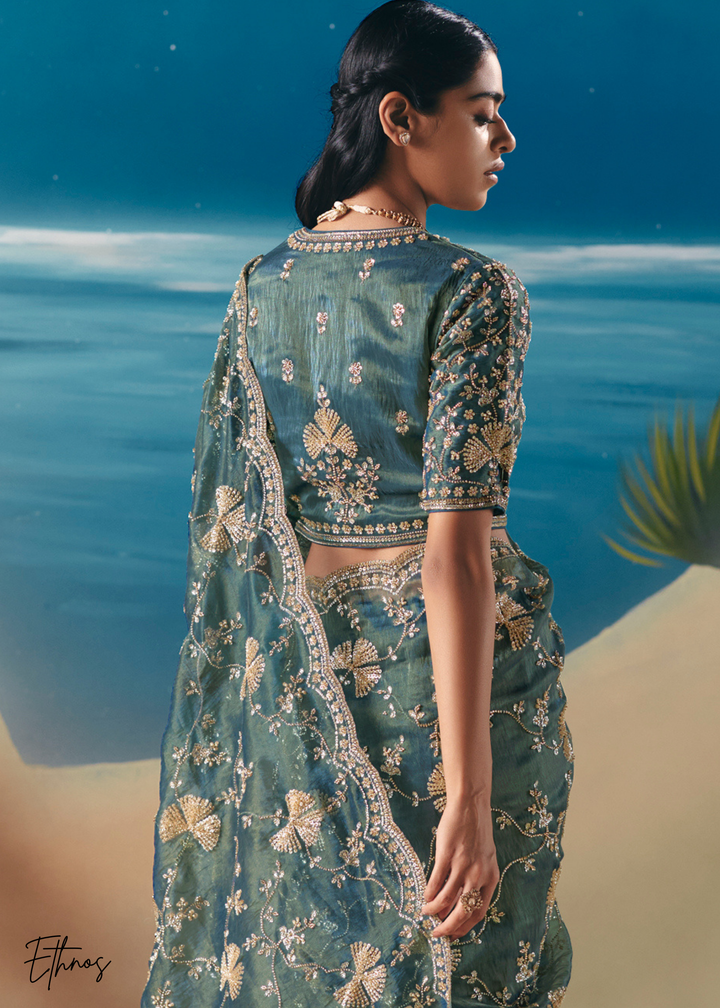 Teal Green Sequins Organza Saree