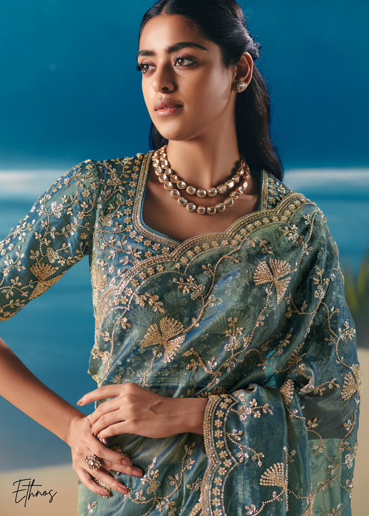 Teal Green Sequins Organza Saree