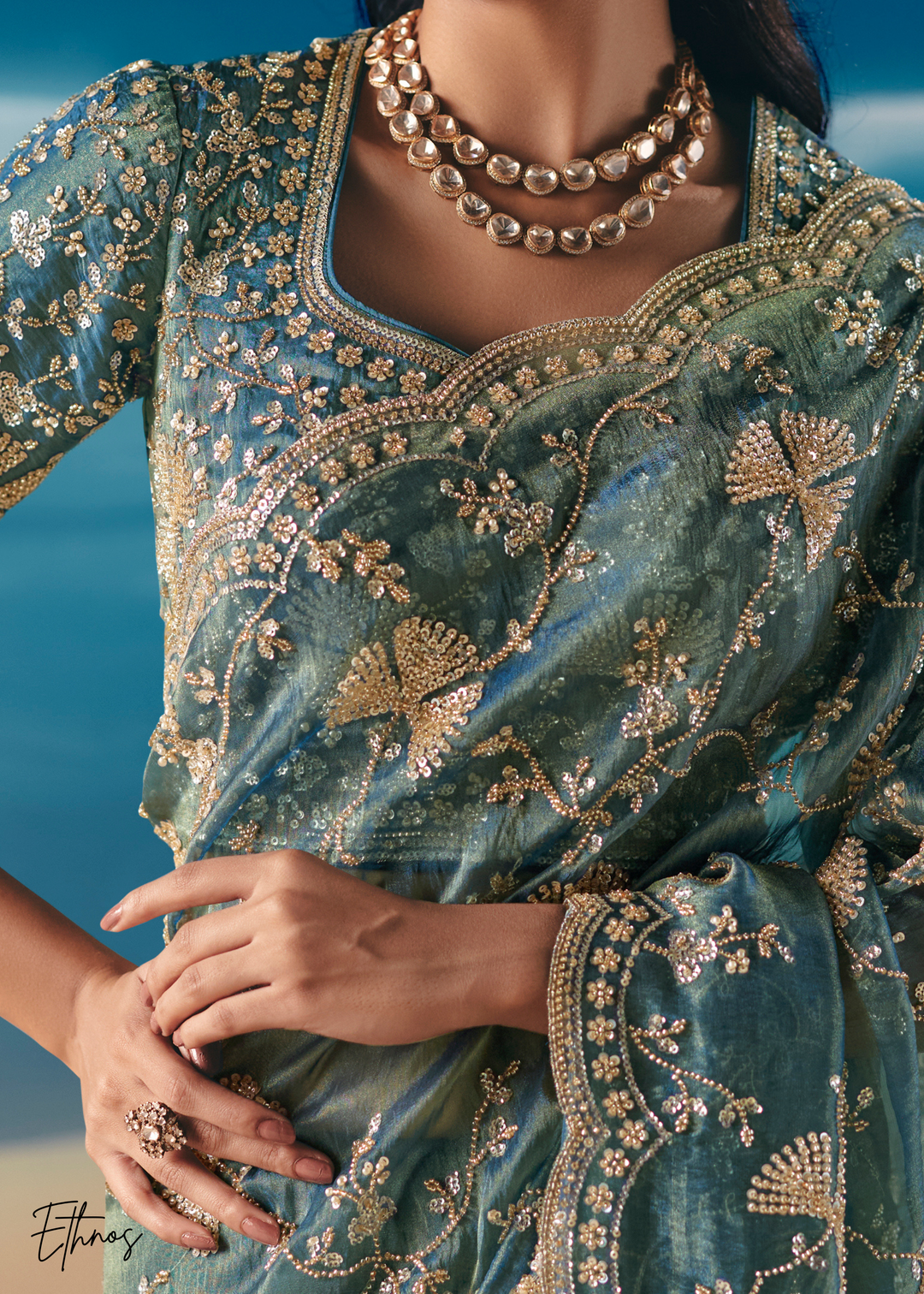 Teal Green Sequins Organza Saree