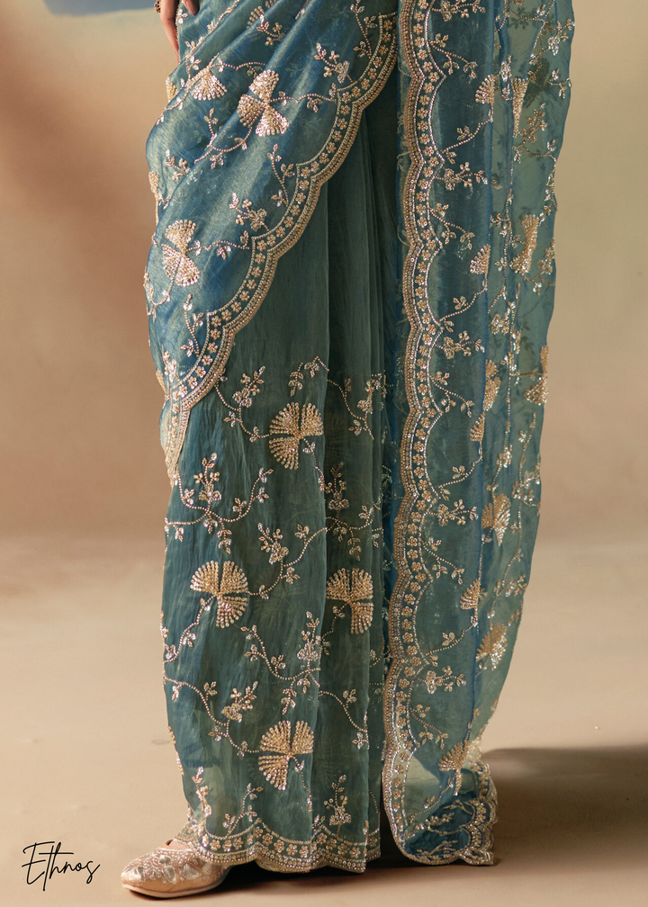 Teal Green Sequins Organza Saree