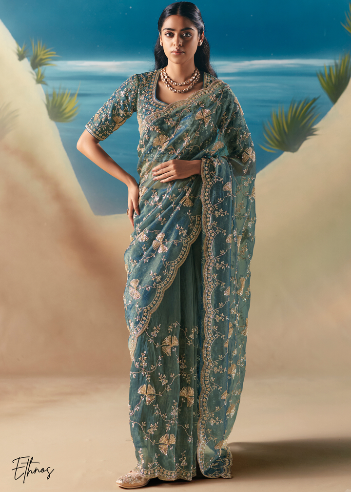 Teal Green Sequins Organza Saree
