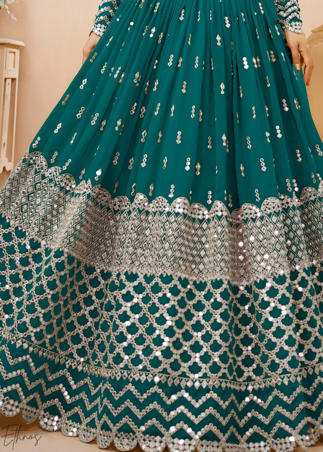 Teal Sequins Georgette Lehenga