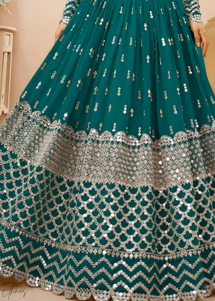 Teal Sequins Georgette Lehenga