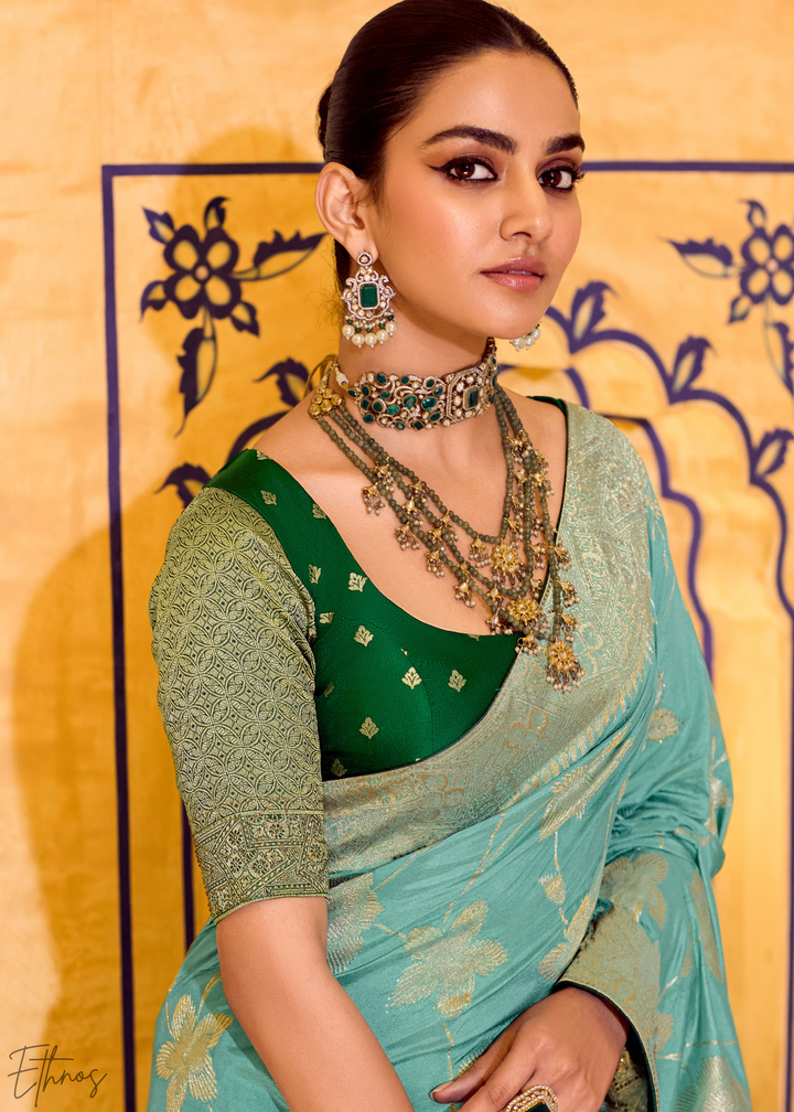 Teal Green Zari Crepe Silk Saree