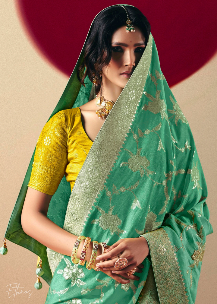 Teal Green Zari Dola Silk Saree