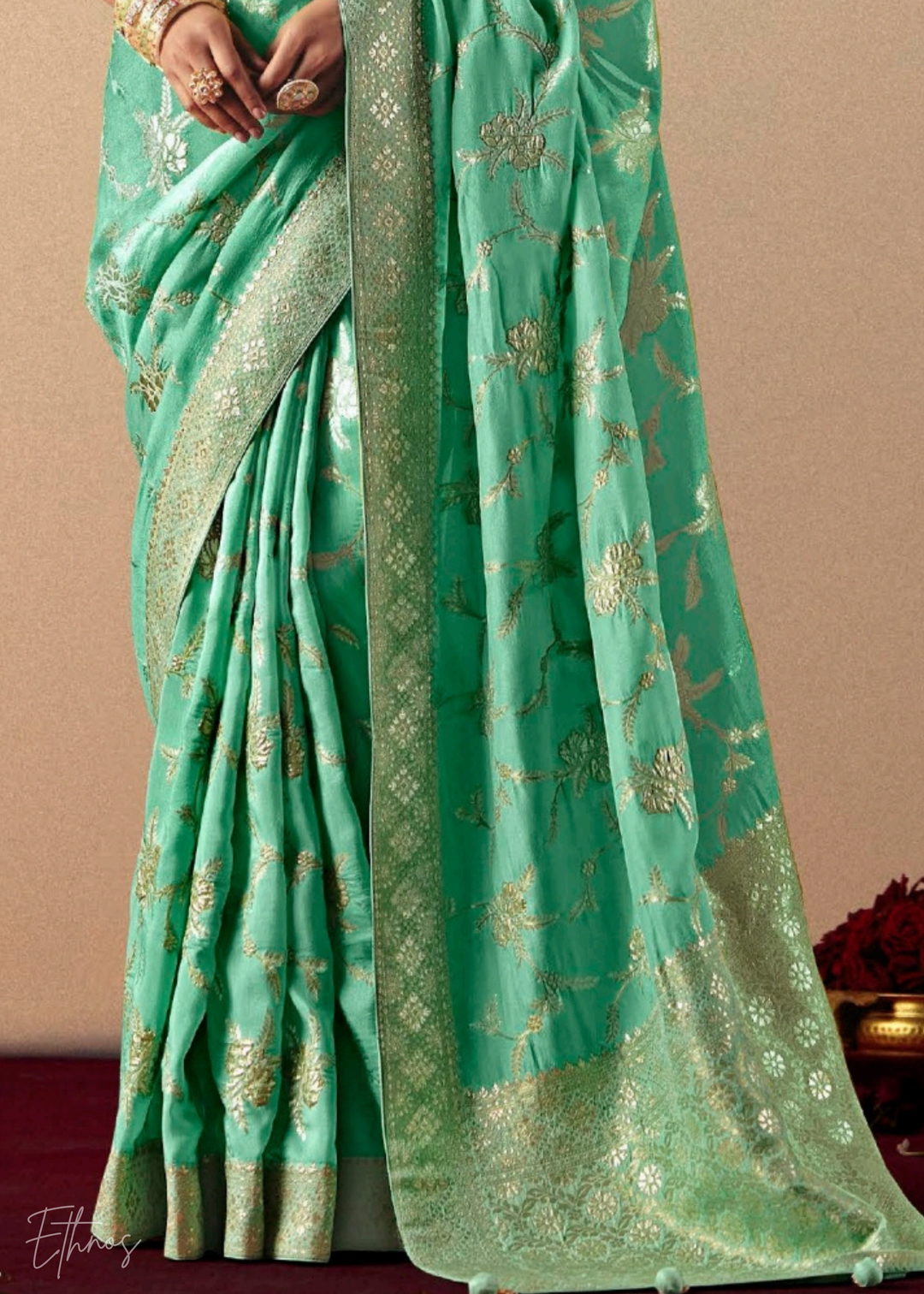 Teal Green Zari Dola Silk Saree