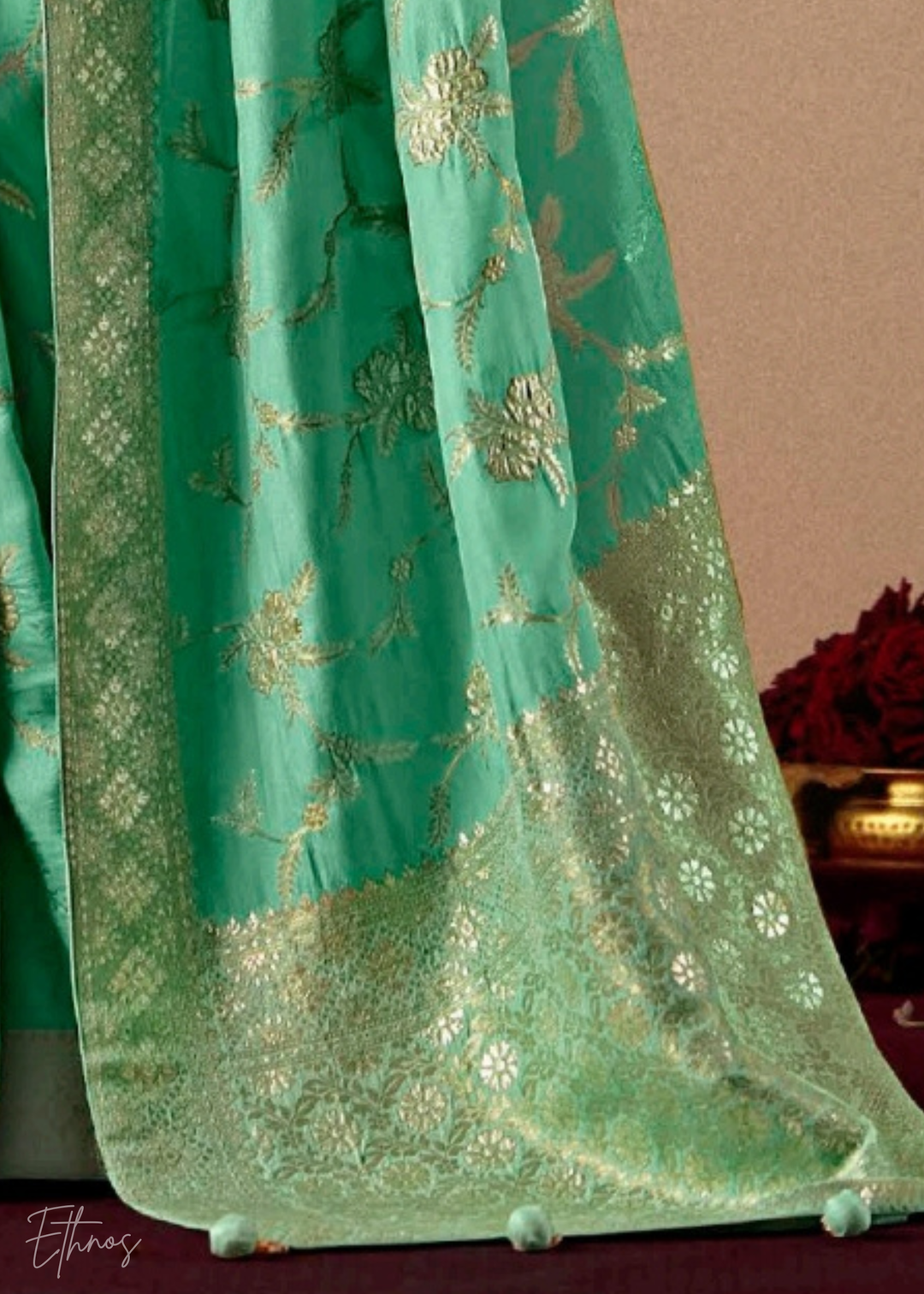 Teal Green Zari Dola Silk Saree