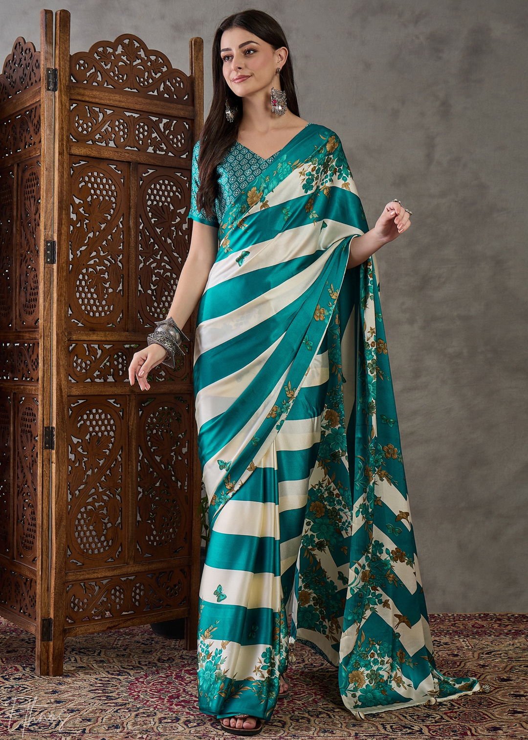 Teal Floral Striped Modal Silk Saree