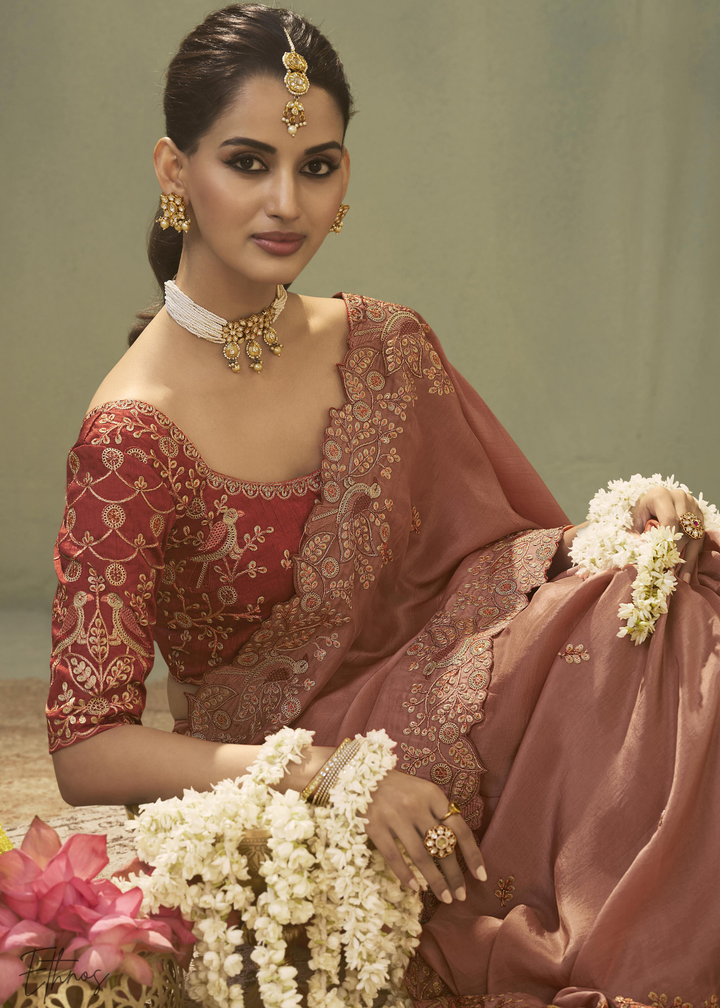 Terracotta Coral Woven Scallop Border Upada Silk Saree