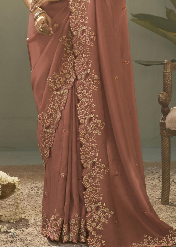 Terracotta Coral Woven Scallop Border Upada Silk Saree