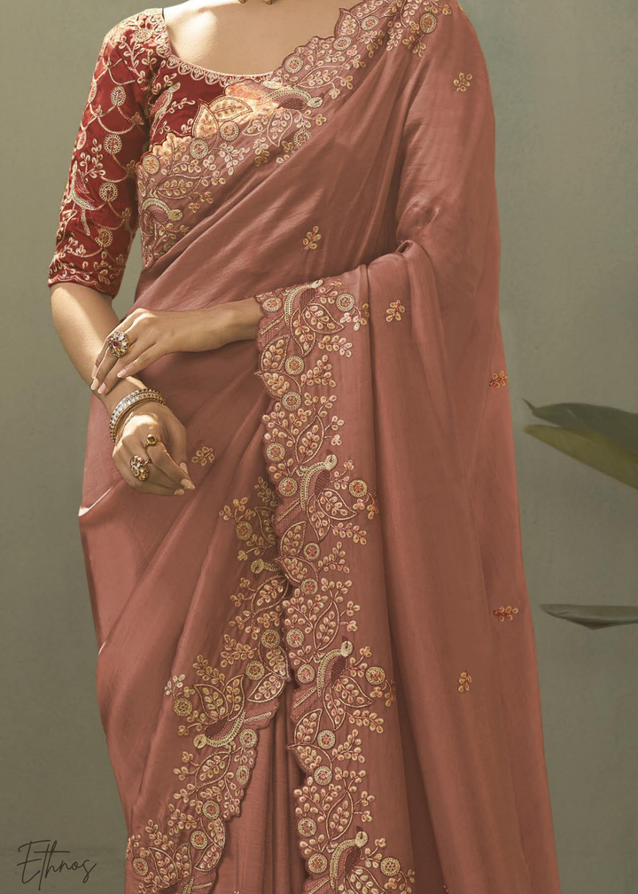 Terracotta Coral Woven Scallop Border Upada Silk Saree