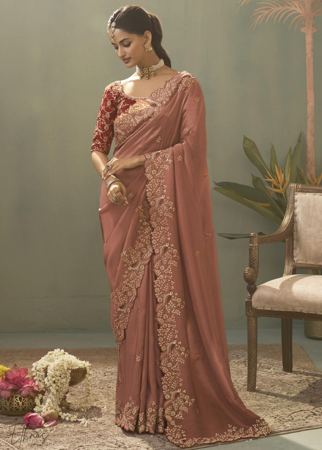Terracotta Coral Woven Scallop Border Upada Silk Saree