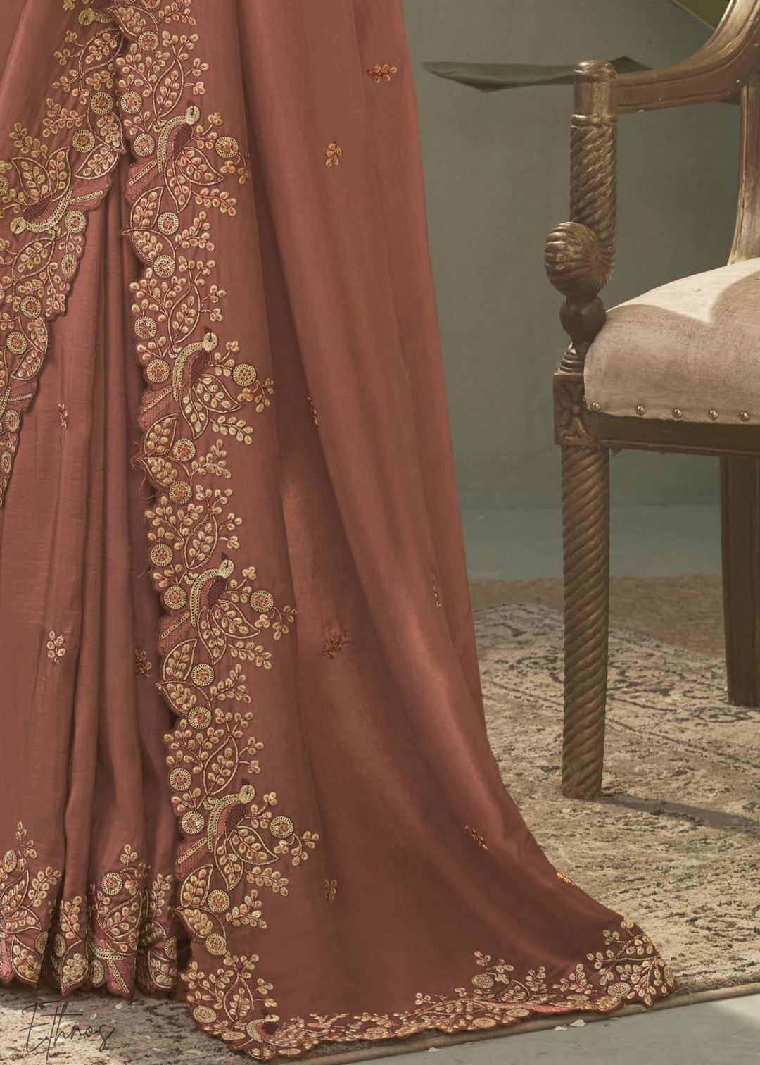 Terracotta Coral Woven Scallop Border Upada Silk Saree