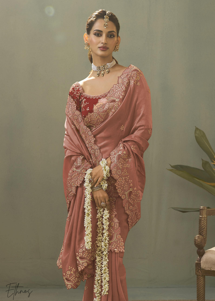 Terracotta Coral Woven Scallop Border Upada Silk Saree
