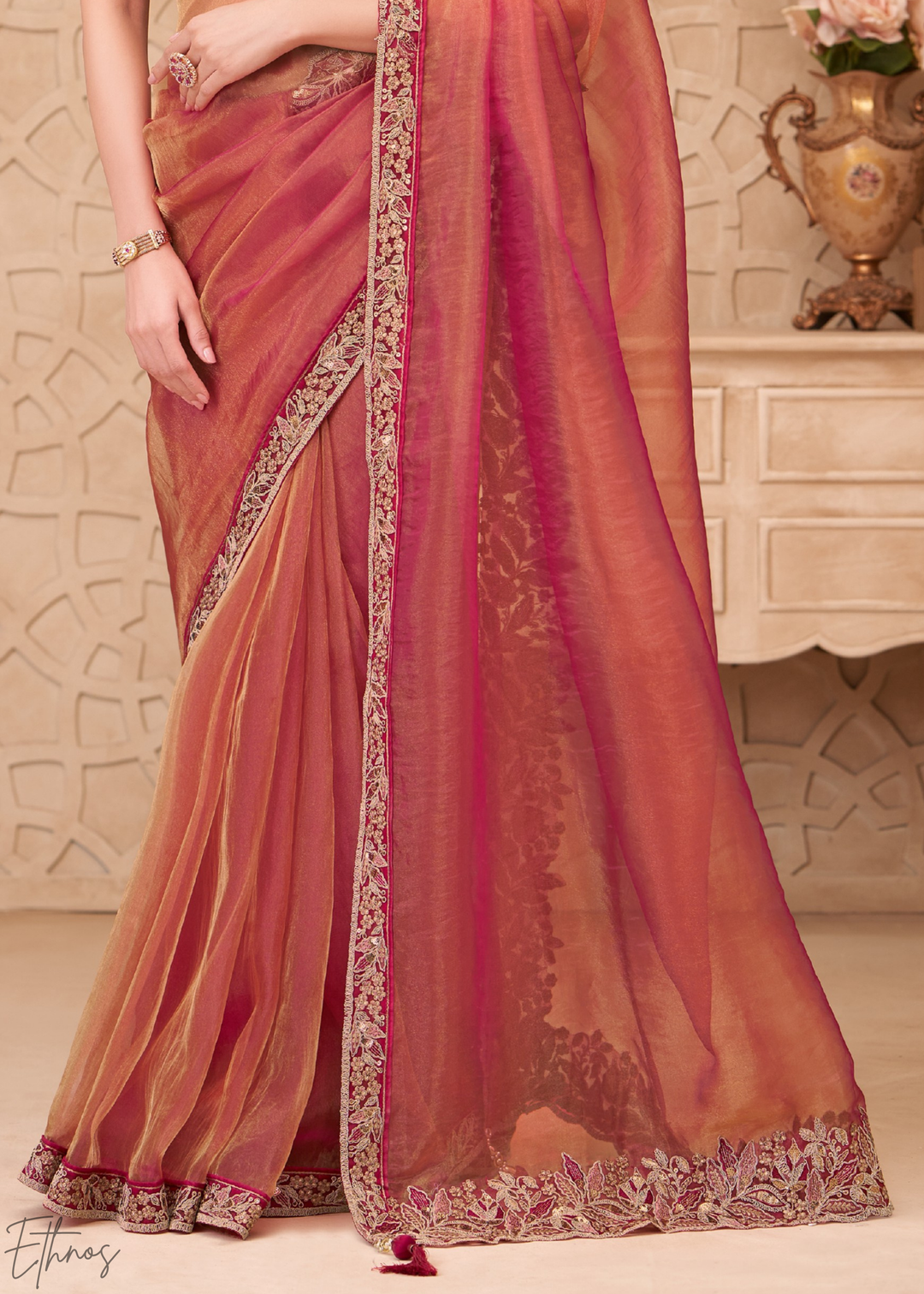 Terracotta Rose Classic Border Satin Georgette Saree