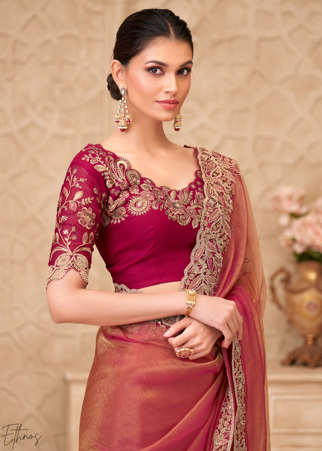 Terracotta Rose Classic Border Satin Georgette Saree