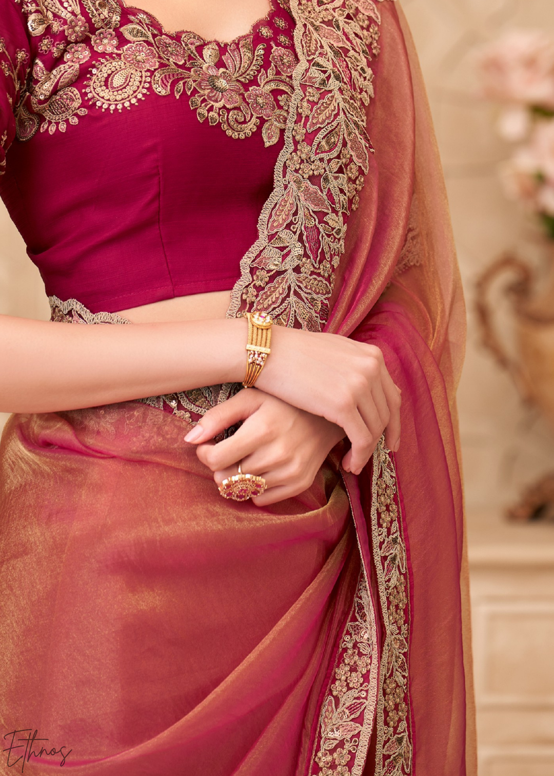 Terracotta Rose Classic Border Satin Georgette Saree
