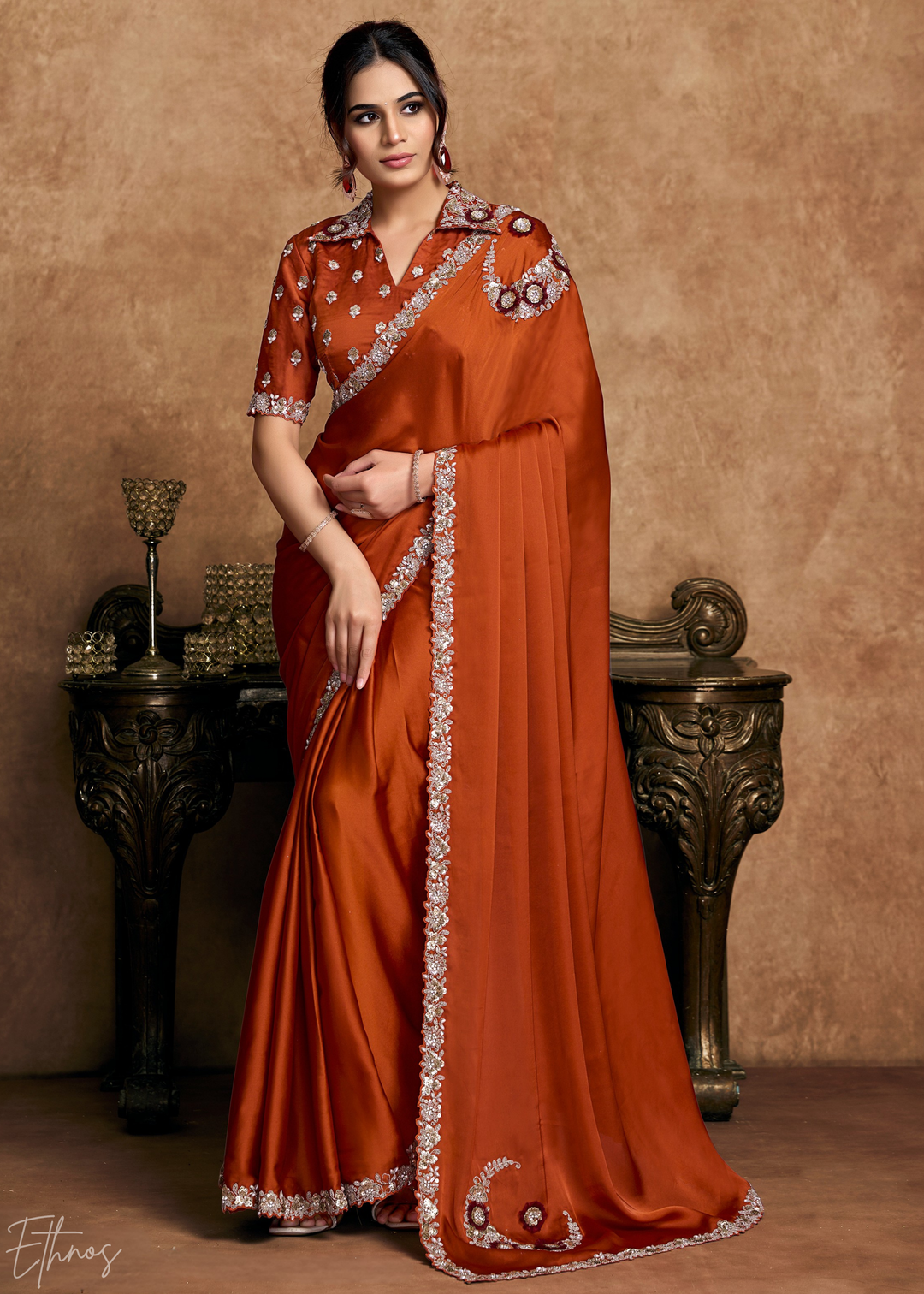 Terracotta Rust Sequin Embroidered Organza Satin Saree