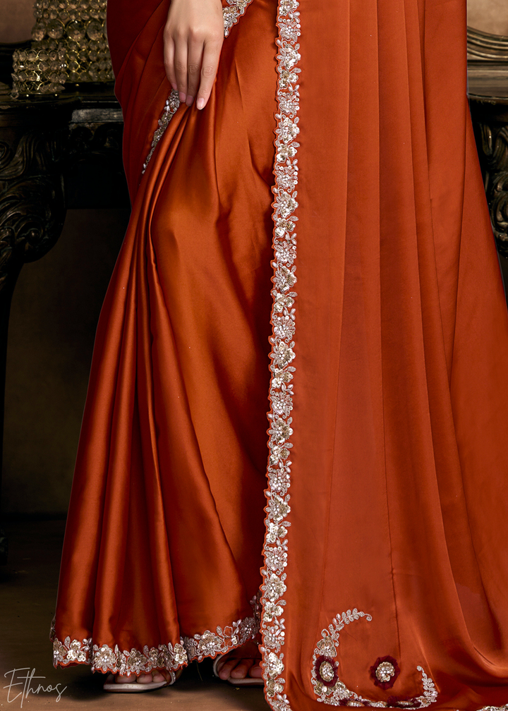 Terracotta Rust Sequin Embroidered Organza Satin Saree