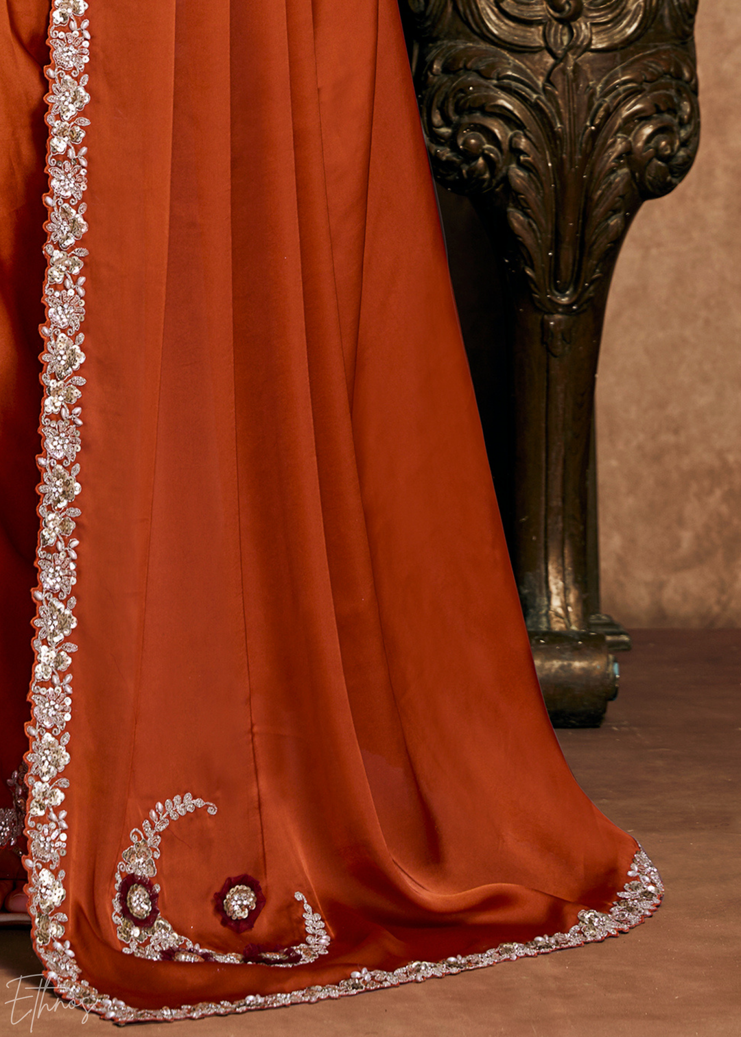 Terracotta Rust Sequin Embroidered Organza Satin Saree